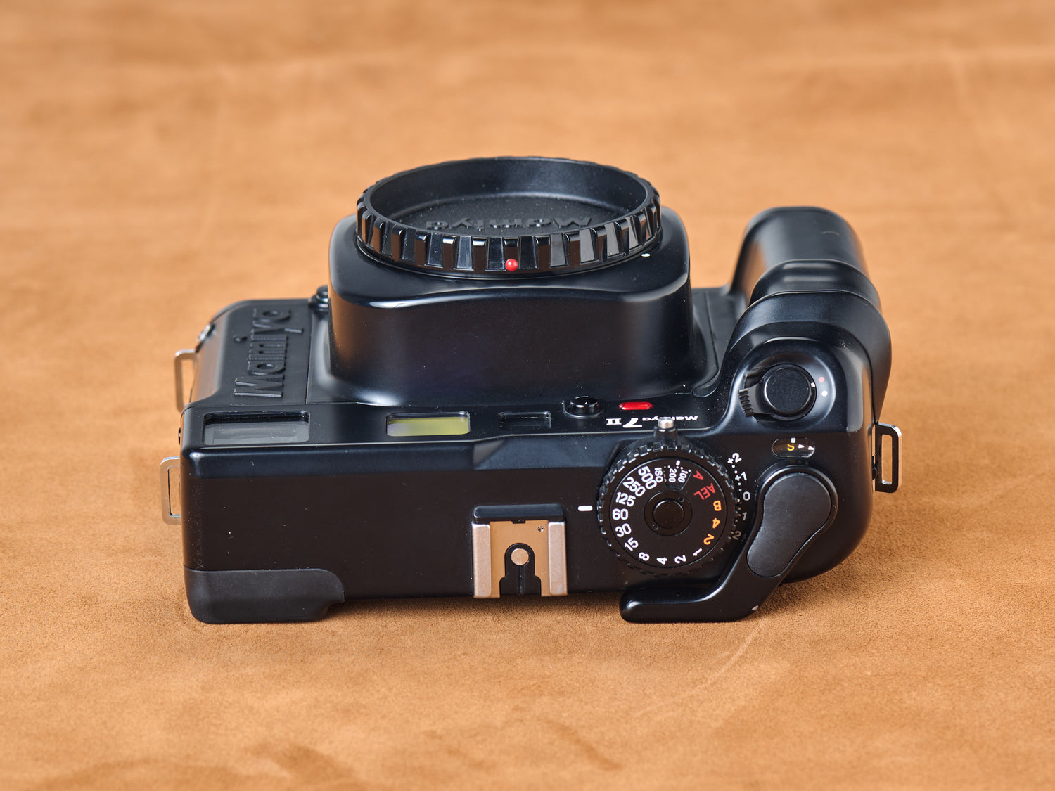 Mamiya 7 II black rangefinder film camera. Top view.