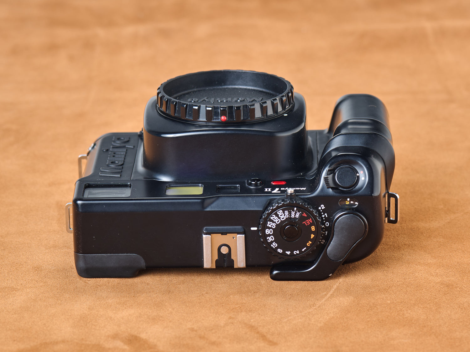 Mamiya 7ii black rangefinder camera. Top view.