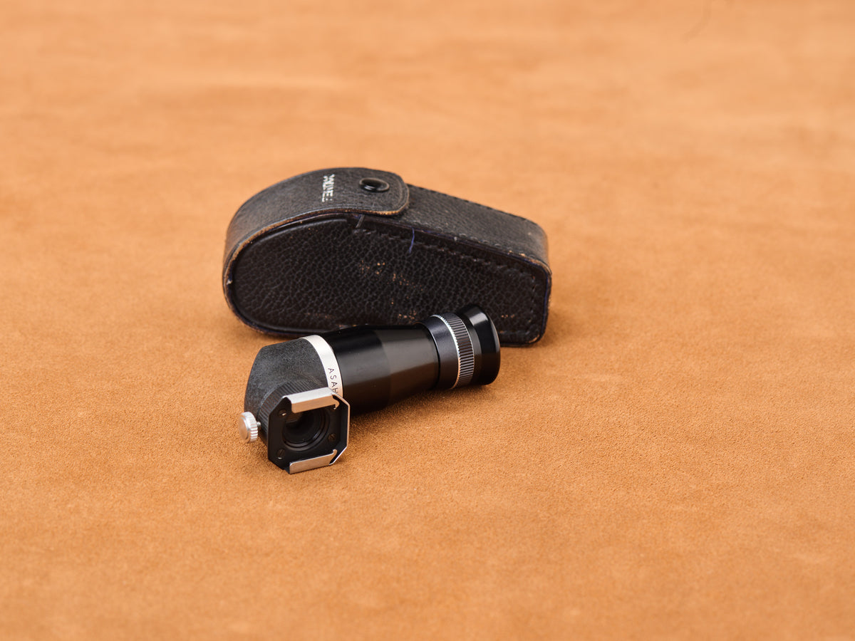View of Asahi Pentax Right Angle Viewfinder, Type II with black leather case